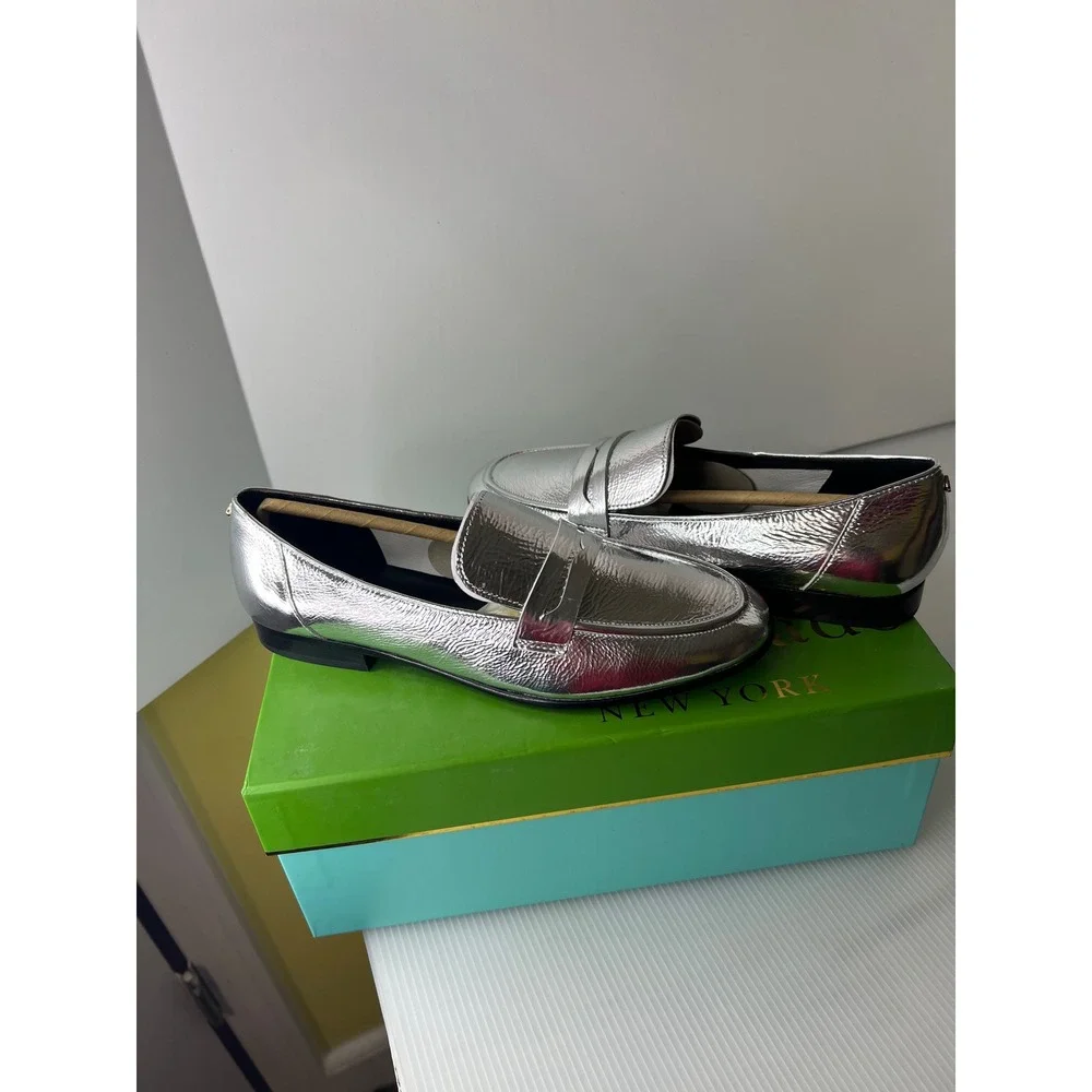 Kate Spade Silver Metallic‎ Leather Genevieve Loafers Almond Toe Flats 6.5M Box